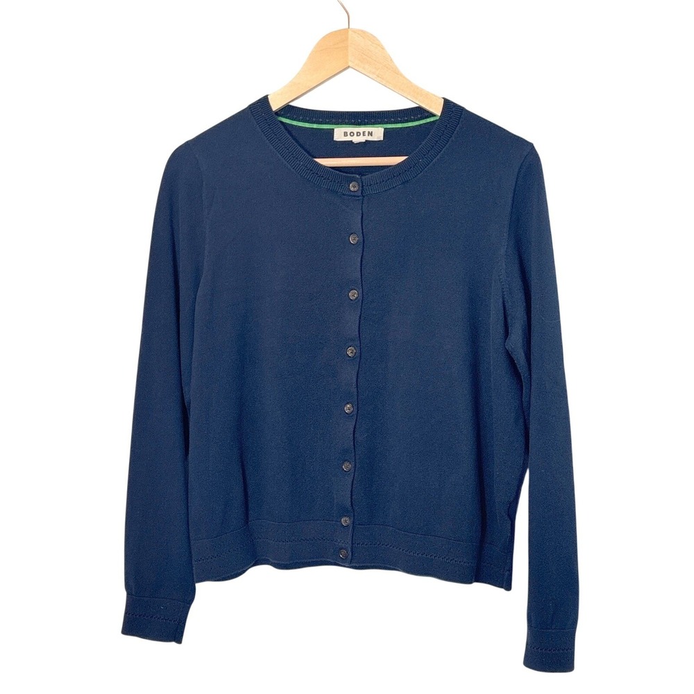 Boden Navy Cardigan Size L Classic Preppy Nautical Minimalist Capsule Academia